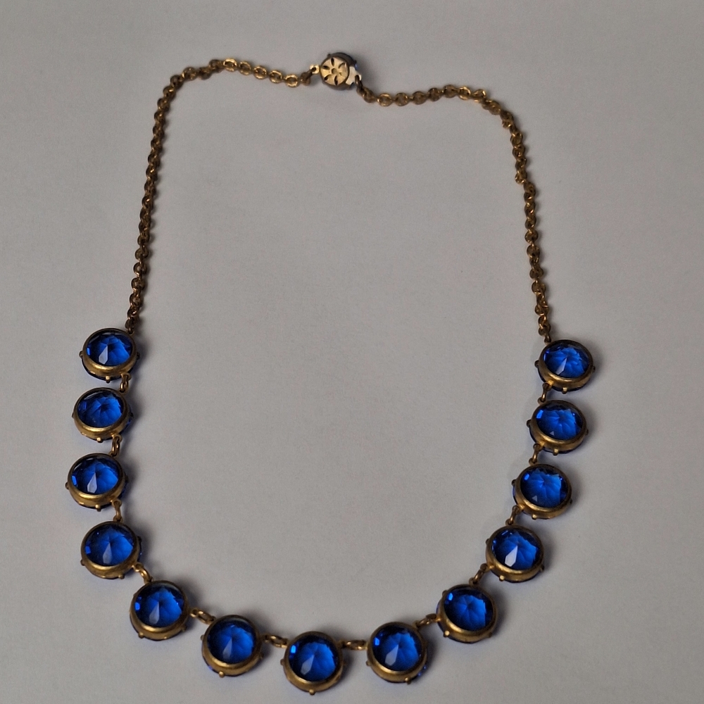 Antique Riviere Art Deco Gold Tone Sapphire Blue Glass Necklace 15" 1920s 1930s - Picture 16 of 16